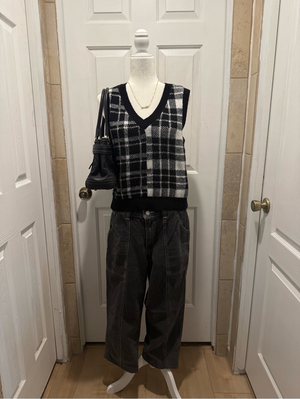 Macy's Black and White Plaid V-Neck Sweater Vest